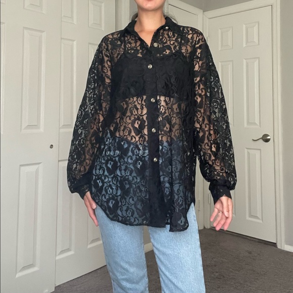 Vintage Fritz and Floyd• Black Lace Sheer Button Down Shirt/ Blouse - Picture 3 of 11